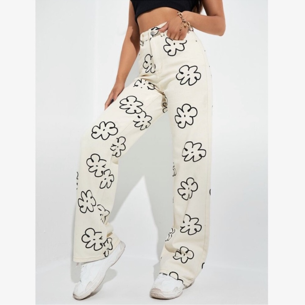 Baevely Wide Leg Cream Pants with Black Floral Print